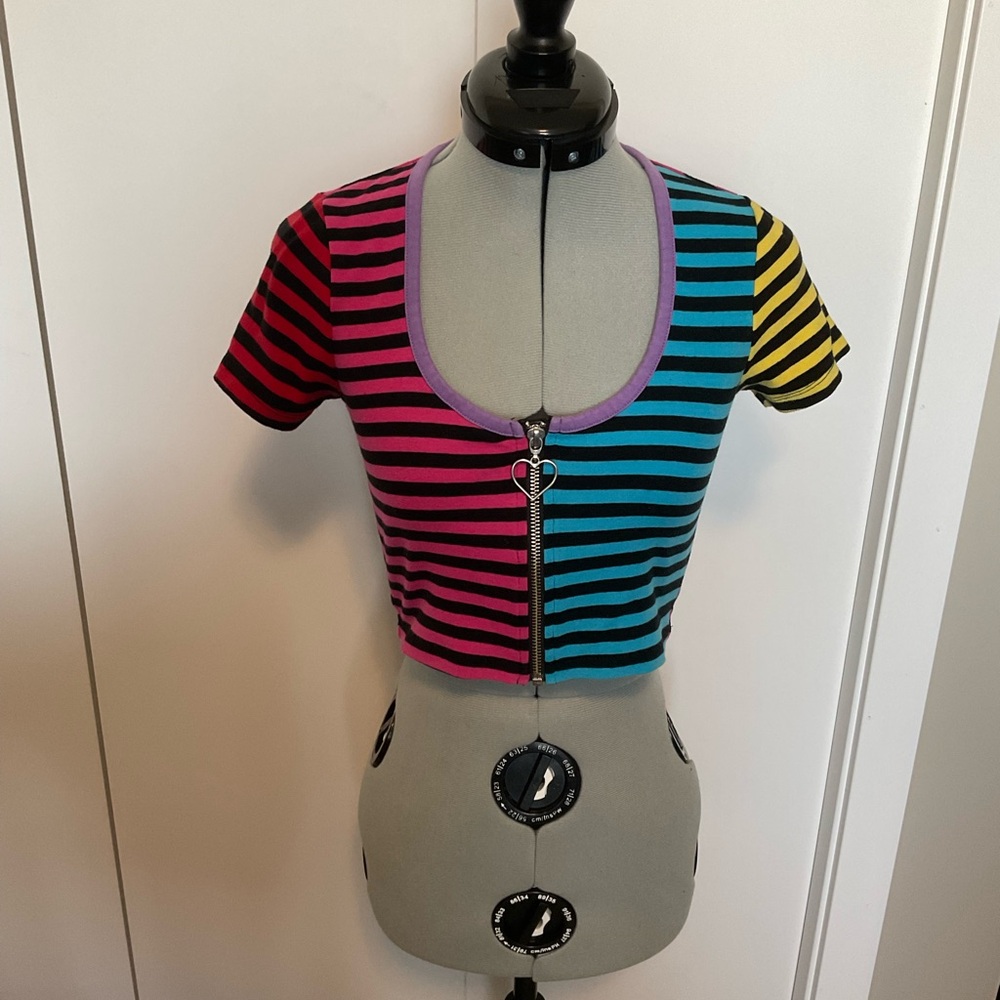 Lazy Oaf colourblock stripe zip crop top size  xs